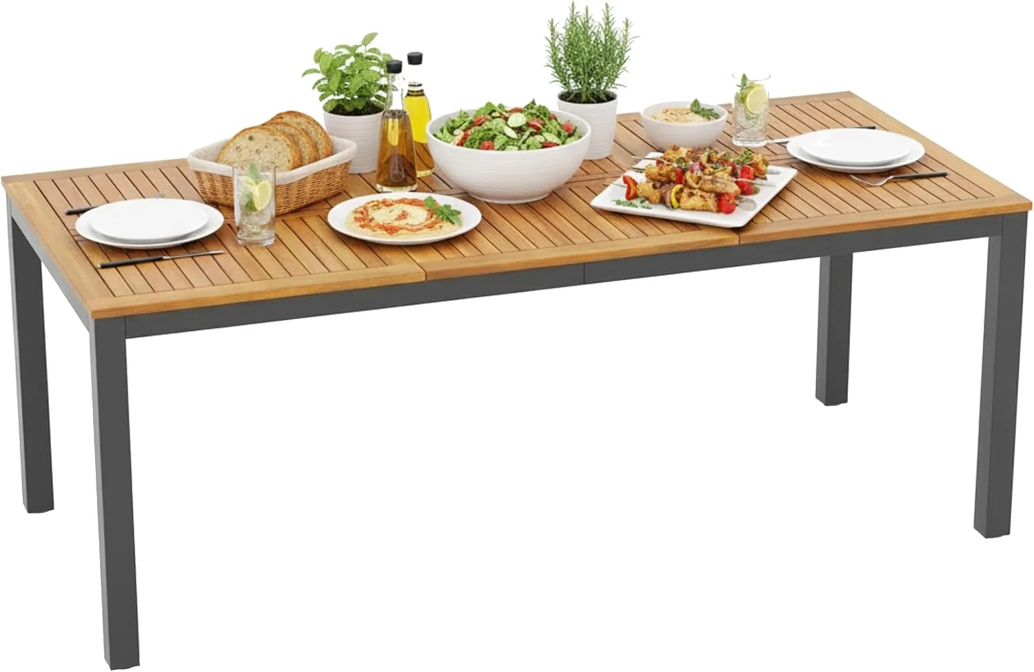 Tangkula 79" Acacia Wood Outdoor Dining Table for 8, Patio Table with Umbrella Hole, Metal Legs & Adjustable Foot Pads,