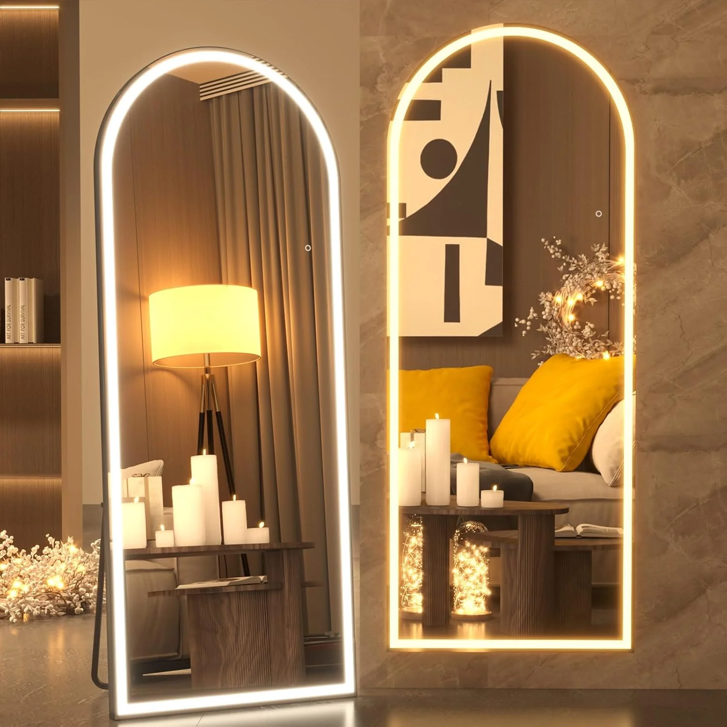 pertetey 81 x 34 in Arched LED Full Length Mirror, Black Frame