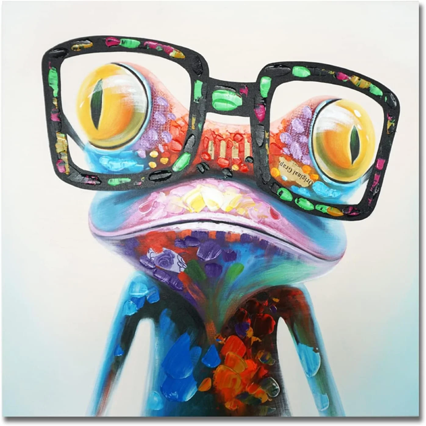 SEVEN WALL ARTS Frog Canvas Wall Art Colorful Animal Painting Pictures Happy Frog with Glasses Oil Painting Modern Frame