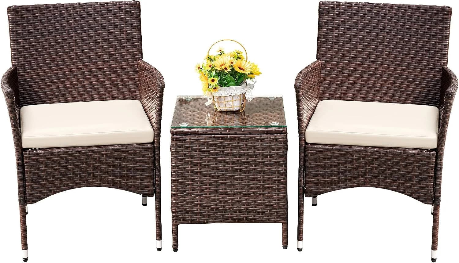 Devoko 3 Piece Patio Furniture Set Outdoor Wicker Conversation (Brown)