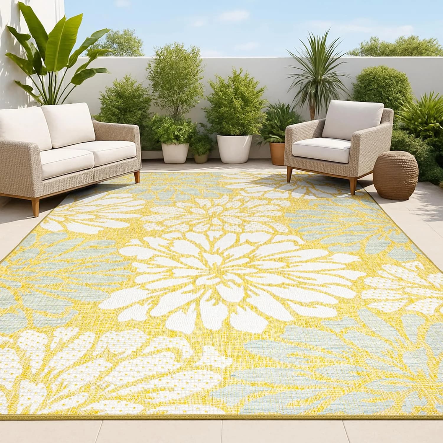 JONATHAN Y Floral Textured Weave Indoor Outdoor Area Rug 4X6 Yellow/Cream, Zinnia Modern for Backyard, Patio, Porch, Eas