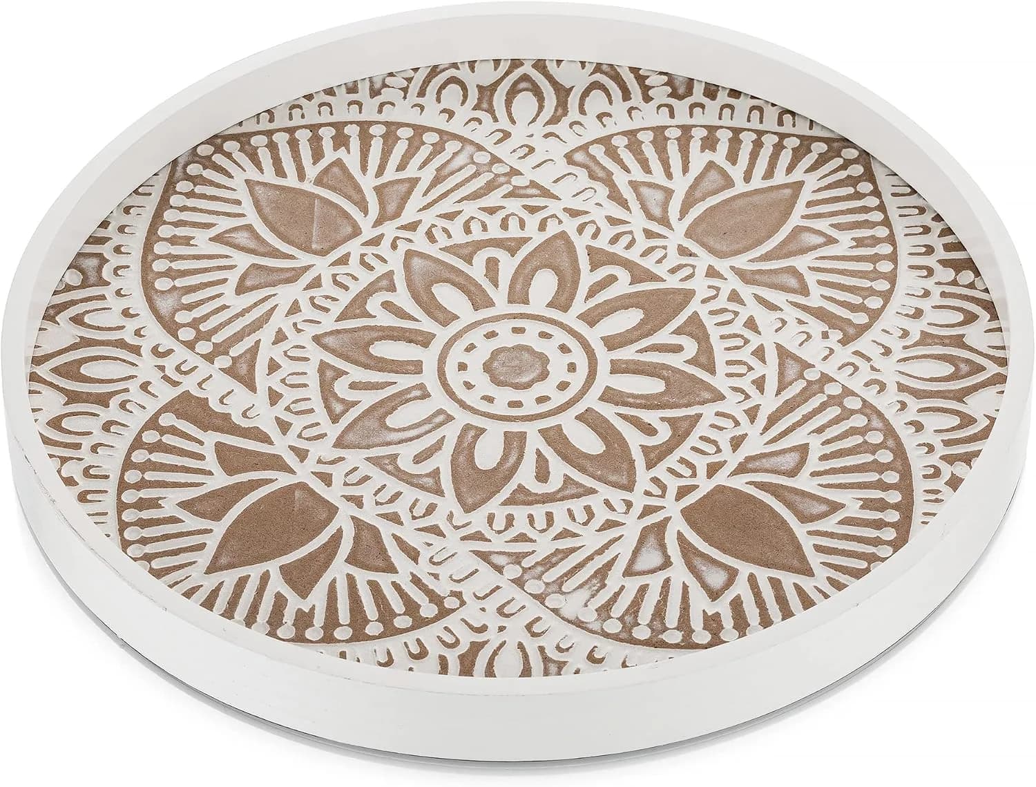 Hanobe Round Boho Decorative Tray for Coffee Table, Mandala Pattern Finish
