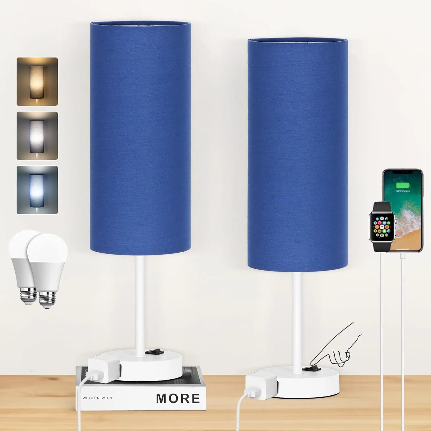 ZJOJO 18" Bedside Lamp for Bedroom Set of 2 Dimmable Table Lamp, AC Outlet