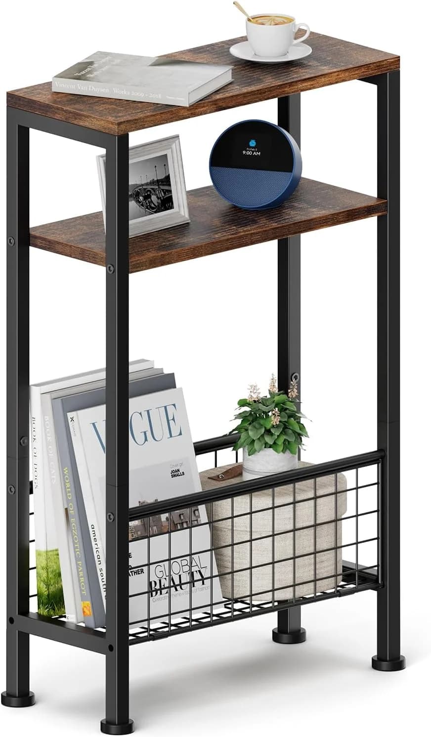 Karii Narrow Side Table, Skinny End Table for Small Spaces with Storage, 3-Tier Slim Wooden Bedside Nightstand Thin Couc