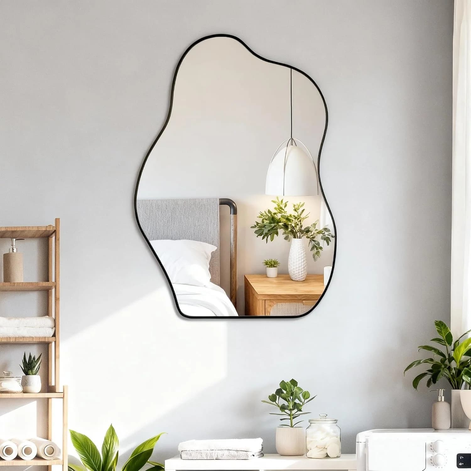 Irregular Asymmetrical Wall Mirror, 28” x 20“ Inch Black Bathroom Mirror
