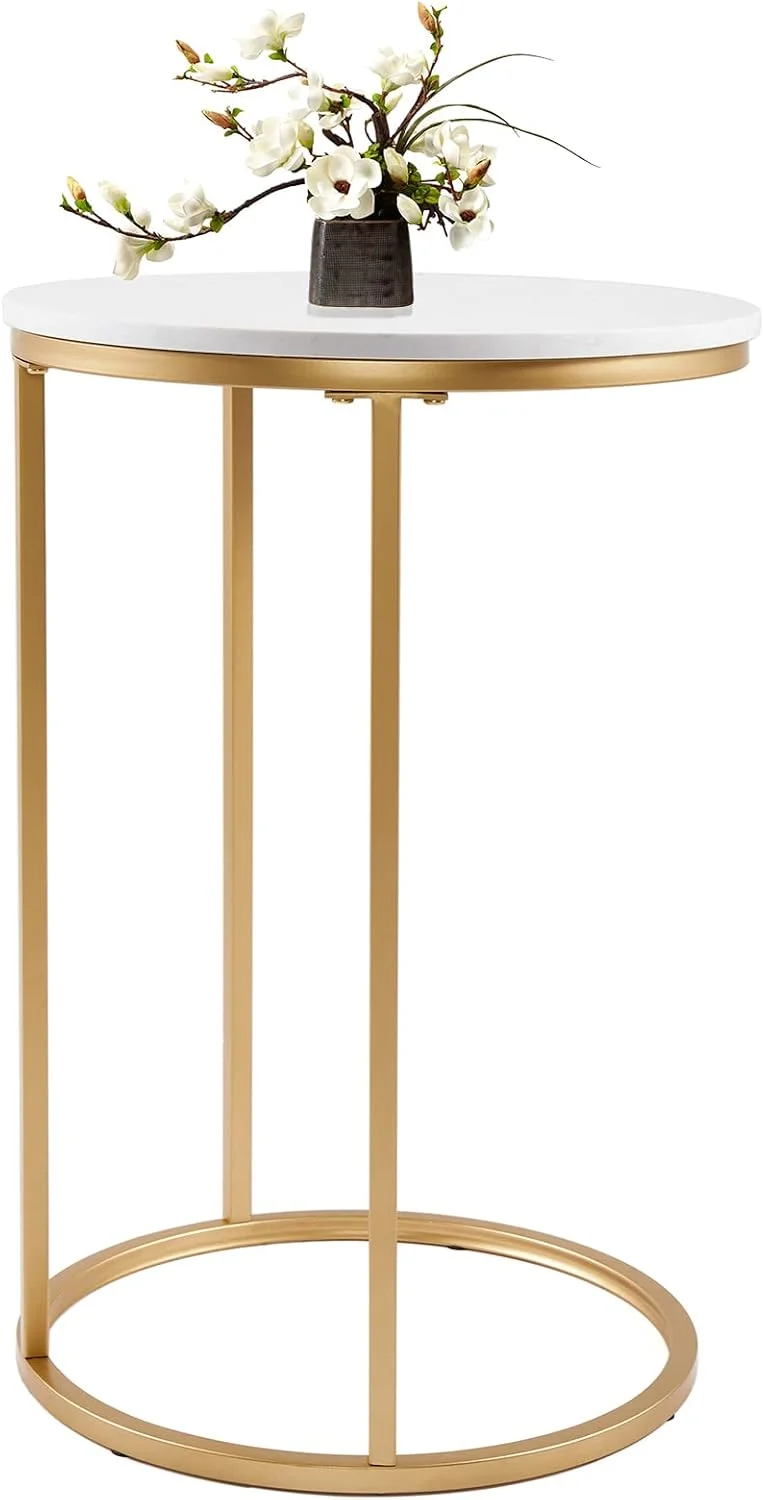 RiteSune Round C Shaped End Snack Side Table Slide Under Couch with Marble Top for Sofa Coffee Laptop Living Room Bedroo