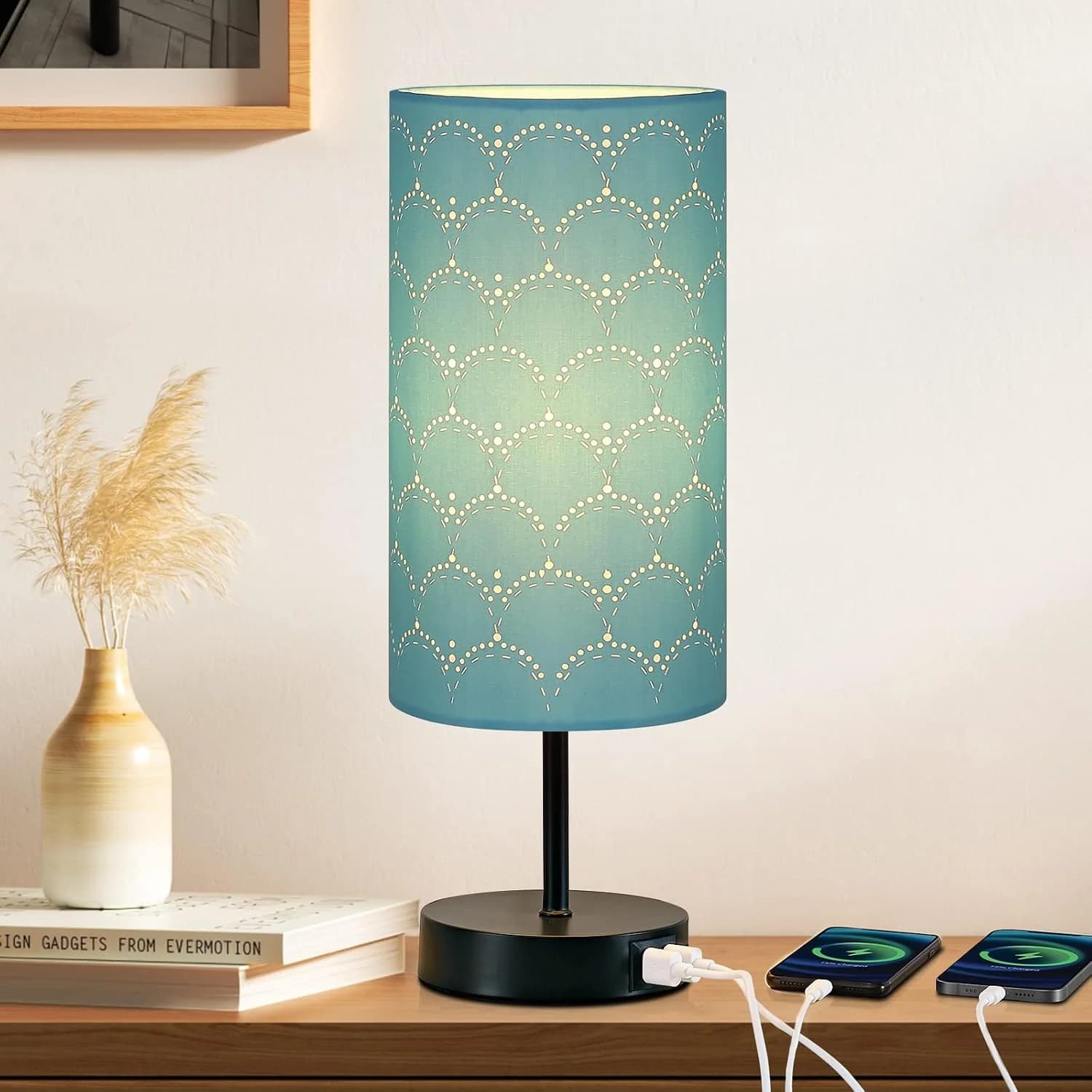 CINSARY Touch Control Bedside Lamp with 2 USB Ports, 3-Way Dimmable Table lamp for Bedroom, Nightstand Lamp with Round B