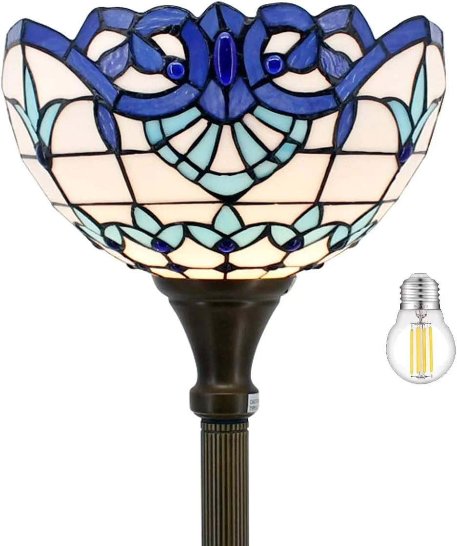 WERFACTORY Tiffany Floor Lamp Navy Baroque Stained Glass Torchiere Light