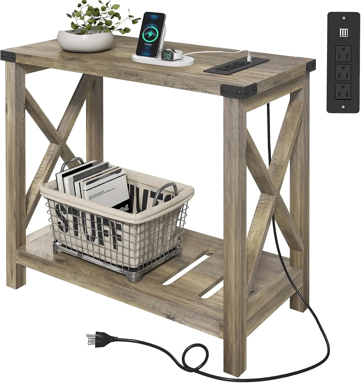 Hadulcet Farmhouse Side Table with Charging Station - Narrow Bedside Table for Small Space, Slim End Table, Rustic X-Des