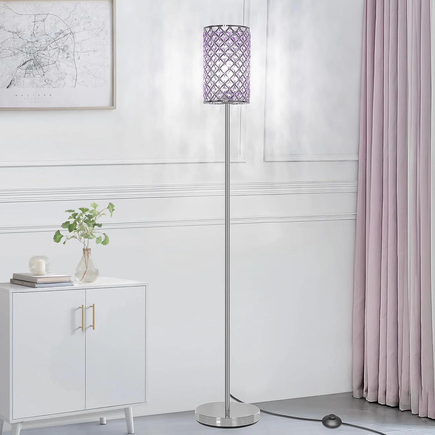 Floor Lamp for Bedroom, Silver Crystal Lamp with Lavender Shade&Foot Switch