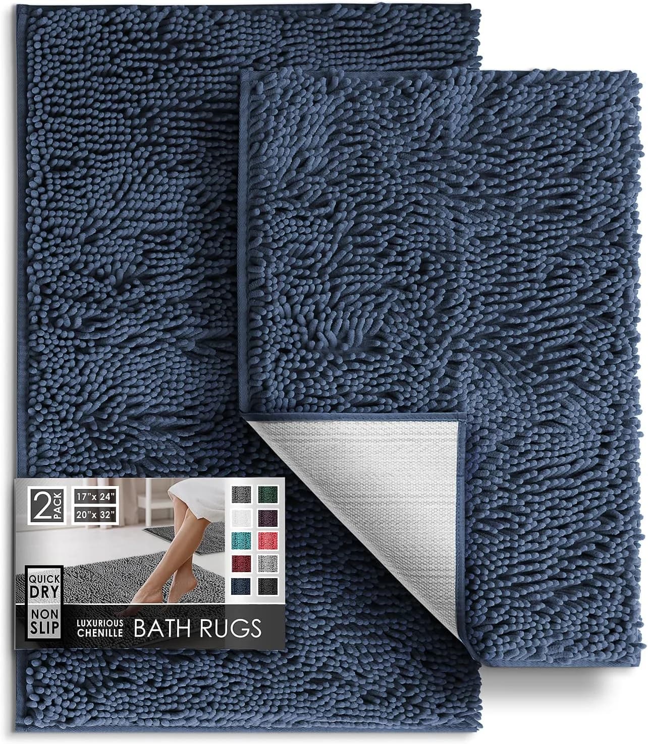 Hearth & Harbor Bathroom Rugs, Chenille Bath Mat - Machine Washable Bath Mats for Bathroom Non-Slip Backing Rubber, Quic