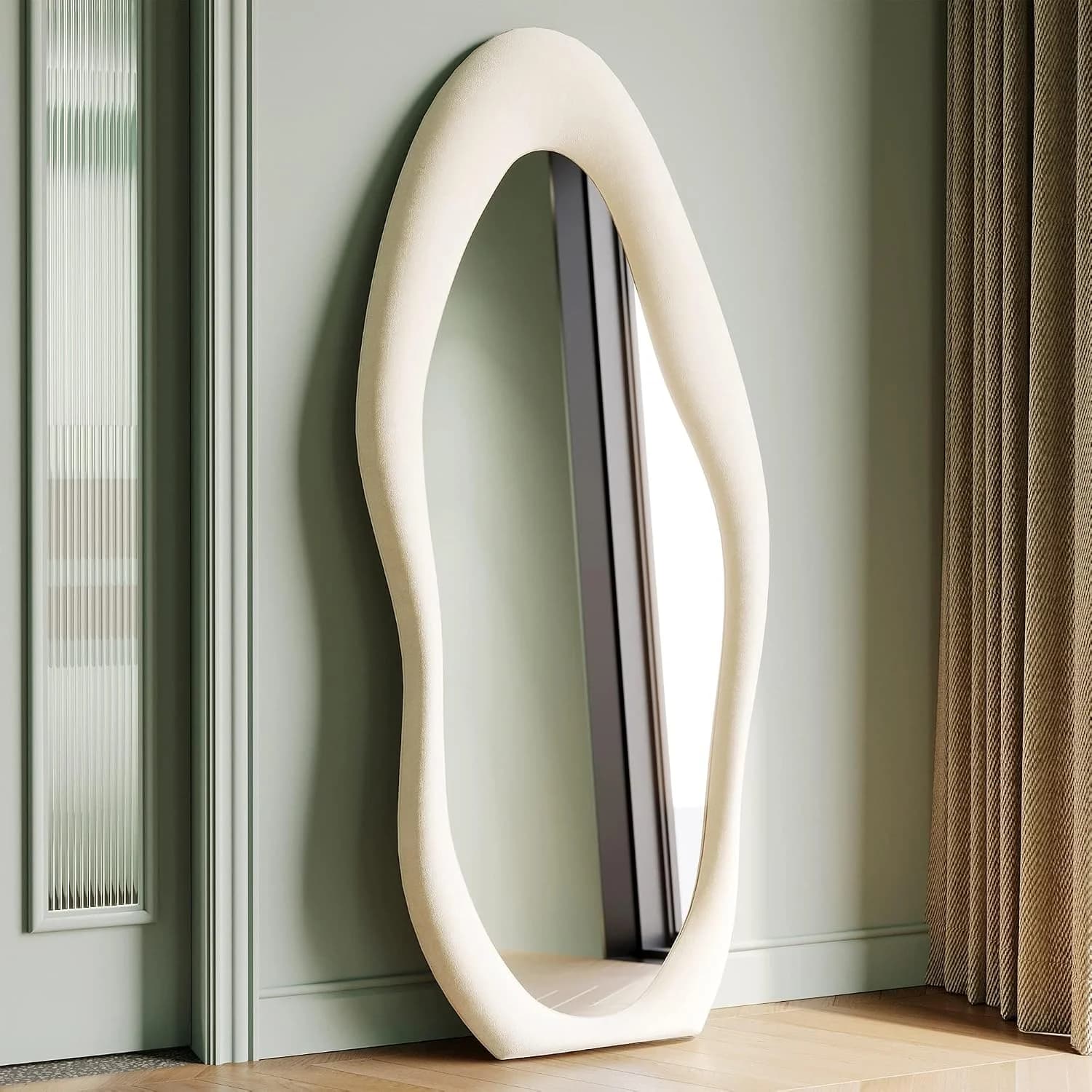 Honyee Full Length Mirror, 63" x 24" Wall Mirror, Flannel Wrapped Wooden Frame Full Body Mirror, Irregular Wavy Mirror H