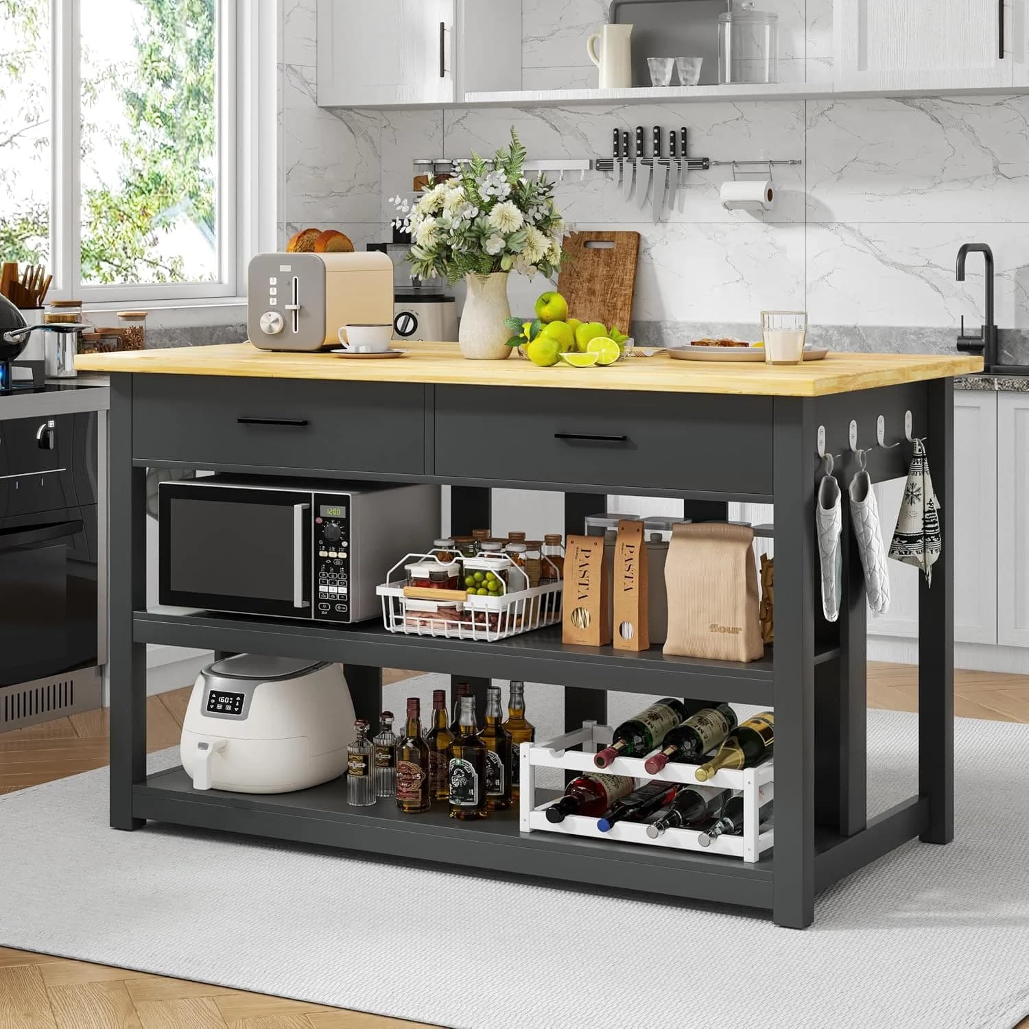 47.3" Kitchen Island with Power Outlets - Solid Rubberwood Top, Black