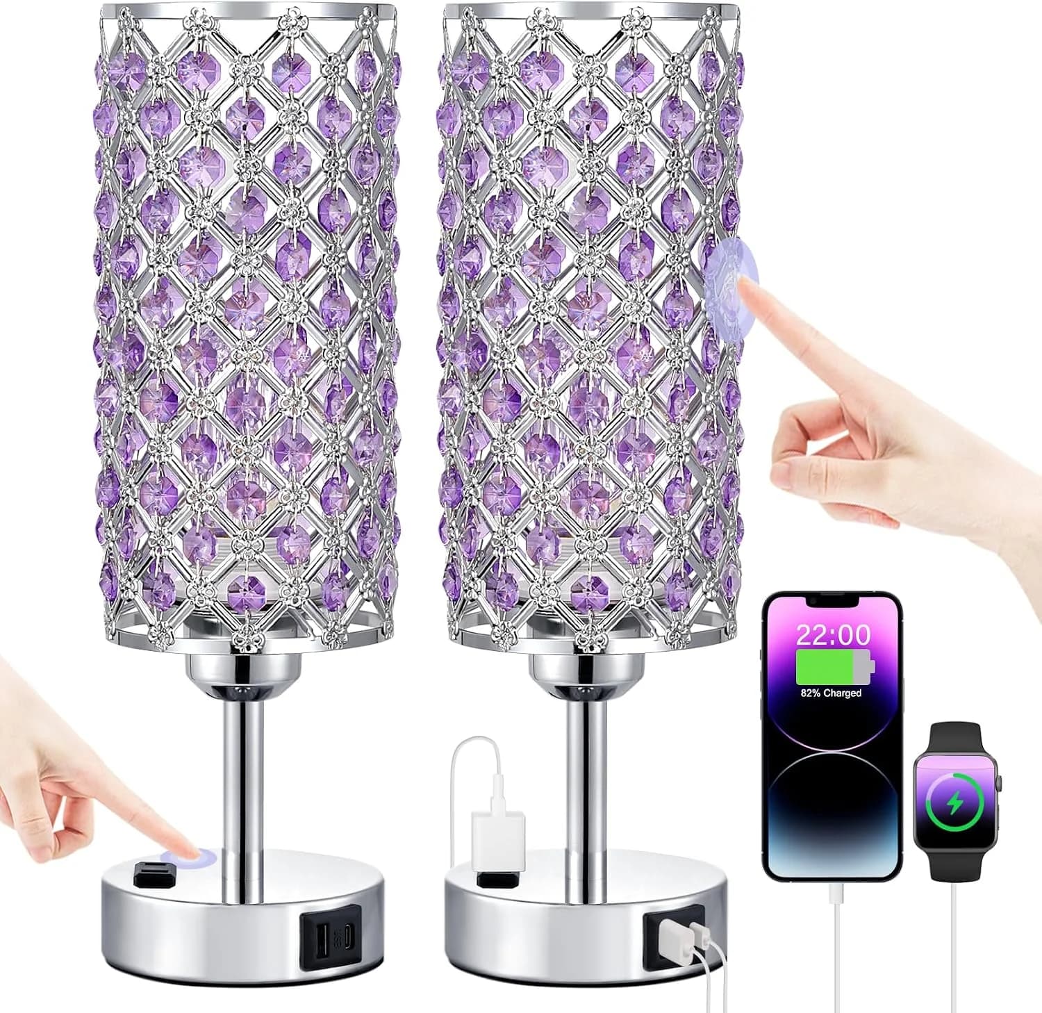 Hong-in Crystal Lamps Set of 2, 3 Way Dimmable Touch Lamp with Crystal Shade, Bedside Nightstand Lamps for Living Room B