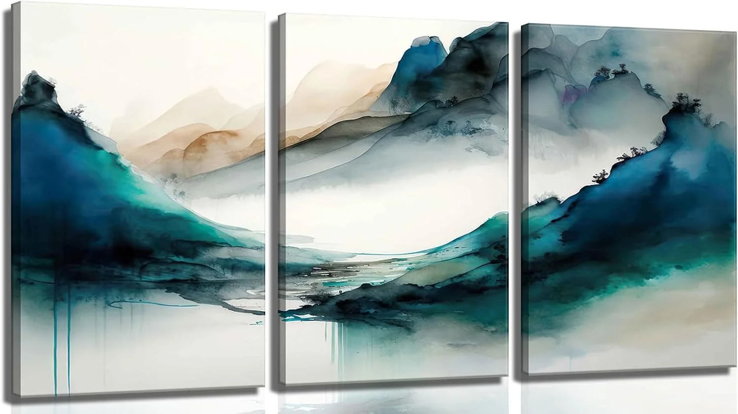 3Pcs Blue Watercolor Mountains Canvas Wall Art Teal Nature Wilderness Modern Ink painting Decor Pictures Abstract Smoke