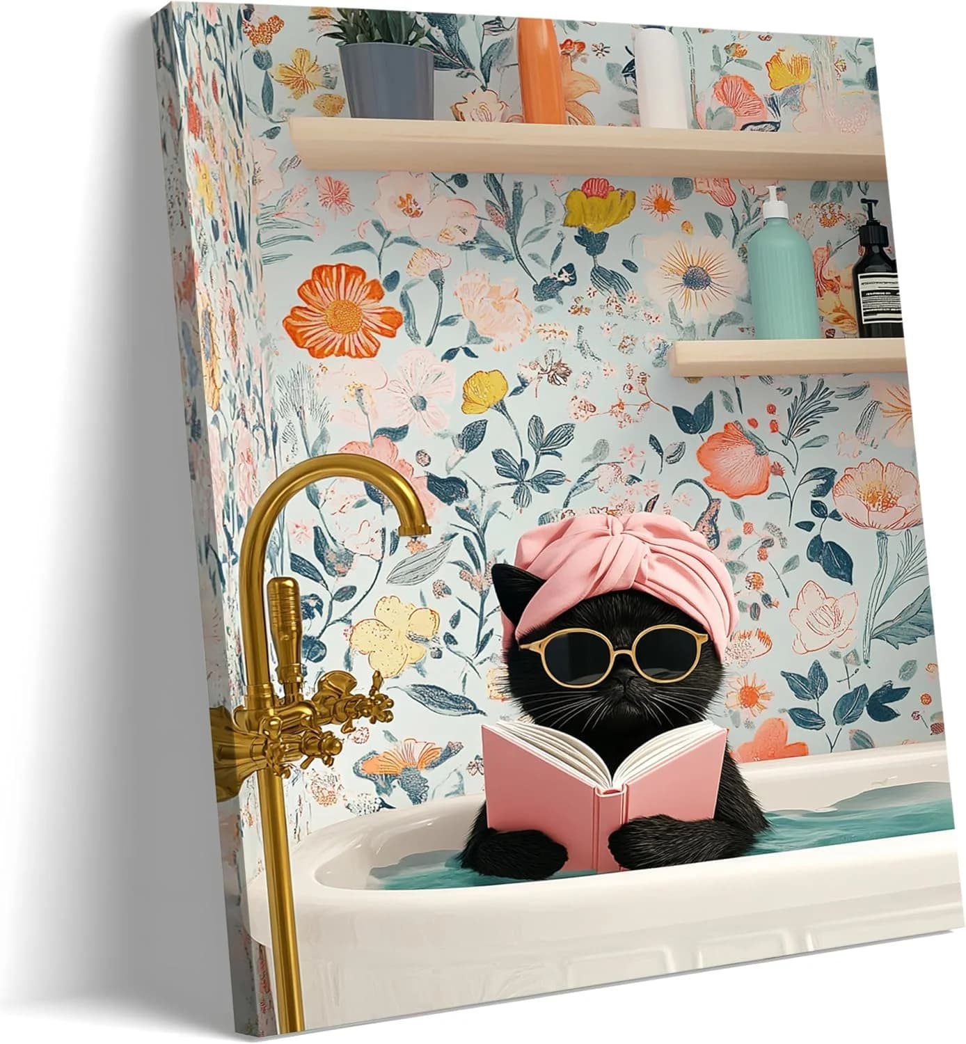 Funny Black Cat Bathroom Wall Art, Bathroom Animal Pictures Canvas Prints, Framed Cute Cat Posters Wall Decor for Living