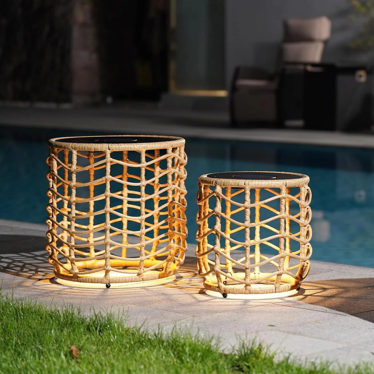 Solar Yard Boho Solar Nesting Tables with Built-in Lights - Set of 2, Weather-Resistant Wicker for Patio, Porch, Garden,