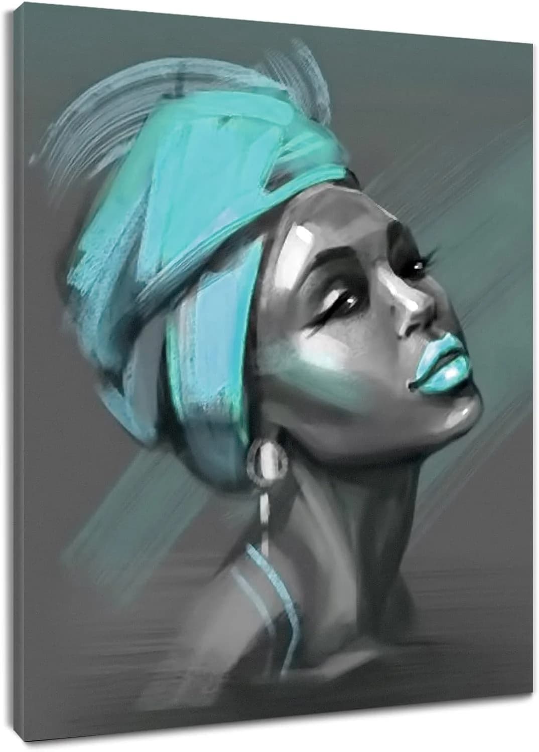 LB African American Women Canvas Wall Art, Beauty Black Woman Teal Hair Canvas Art, Abstract Minimalist Painting Wall De