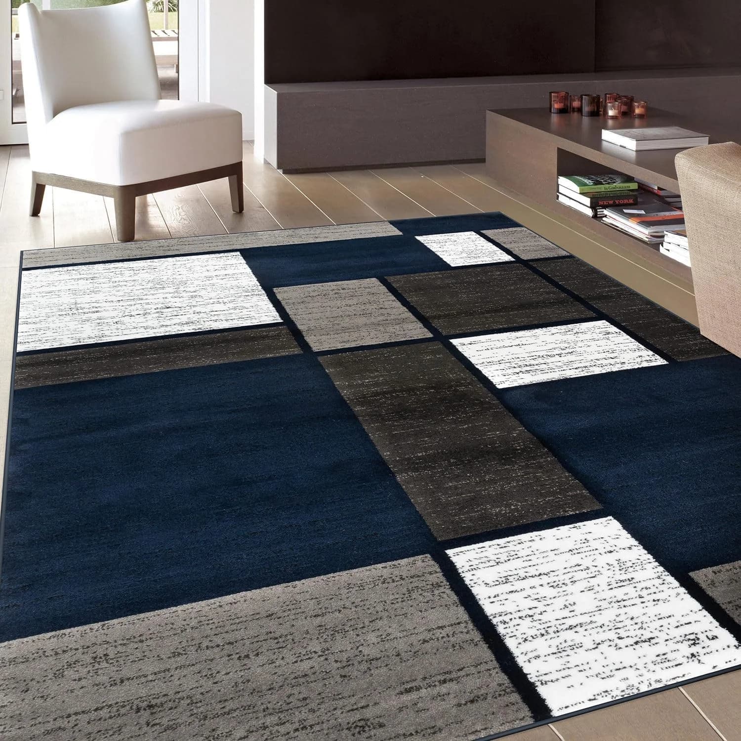 Rugshop Geometric Boxes Modern Non-Shedding Area Rug Navy 5'3" x 7'3"