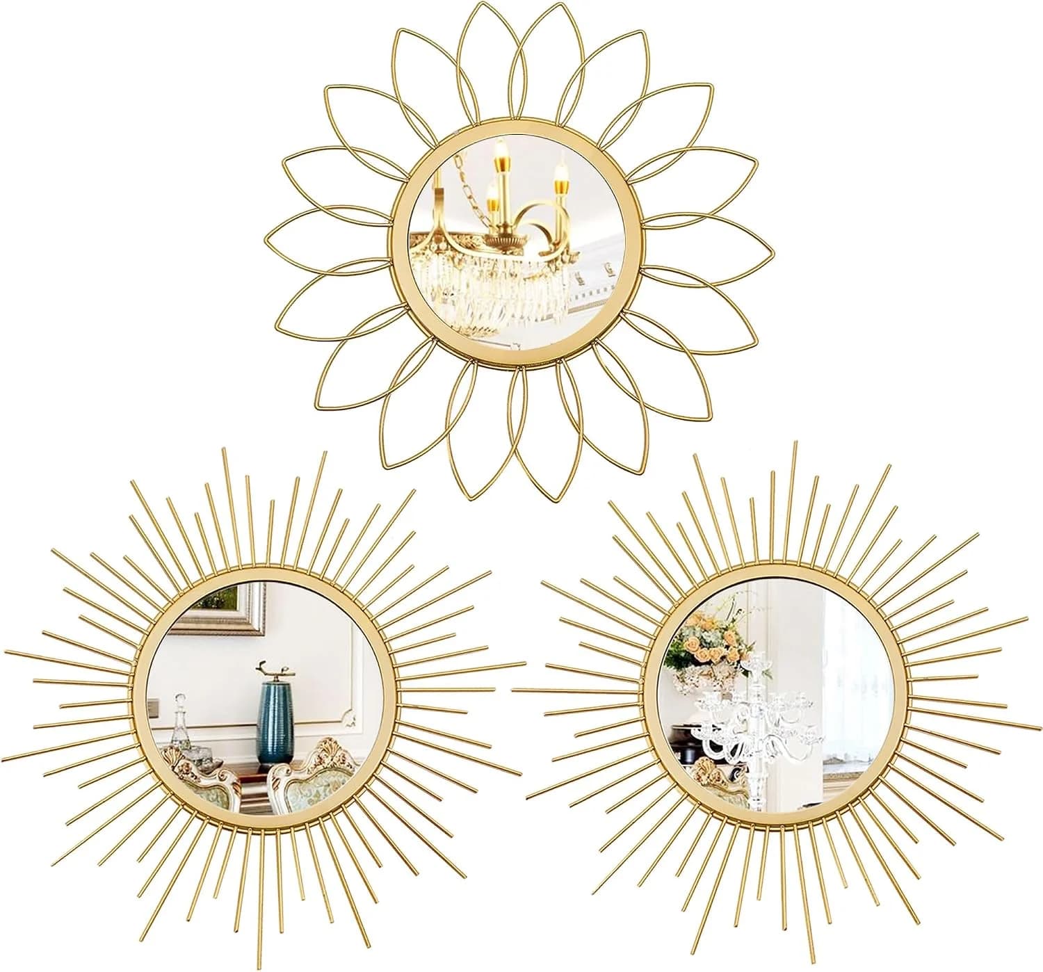3 Pack Metal Mirrors for Wall Sunburst Wall Mirrors Home Décor Decorative Hanging Wall Art for Living Room Bedroom Entry
