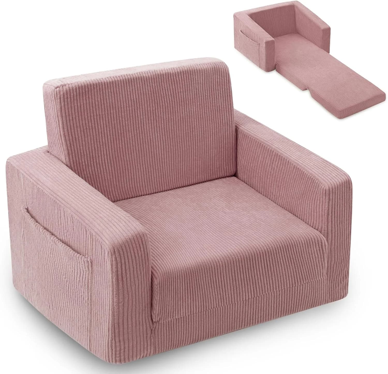 2-in-1 Kids Chair and Couch, Cozy Corduroy Kids Sofa, Pink