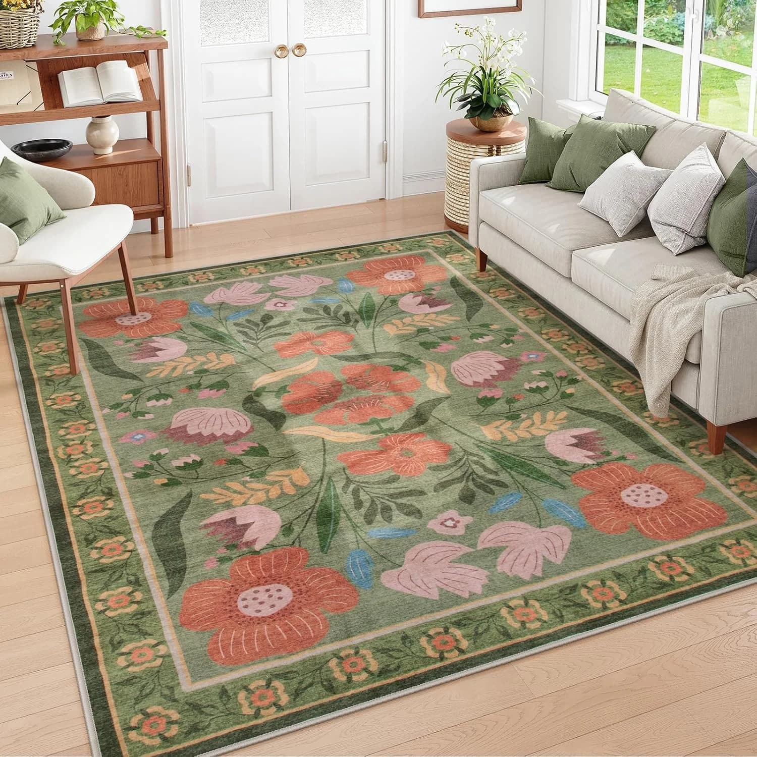 Yuemasi Washable 8X10 Area Rug for Living Room, Large Green Boho Floral Bedroom Rug Non Slip, Soft Low Pile Nursery Rugs