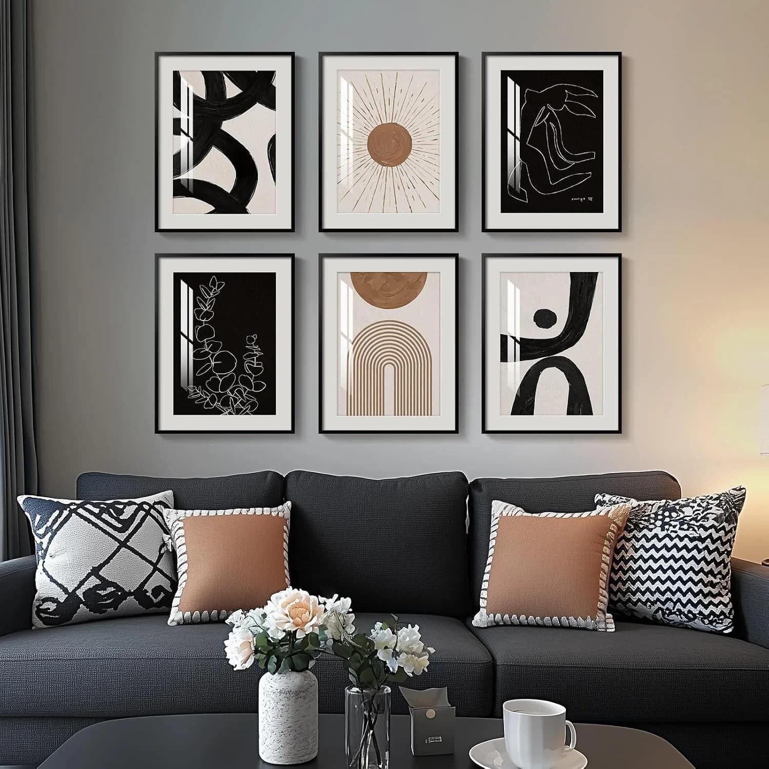 Framed Boho Black and White Brown Modern Abstract Wall Art for Living Room