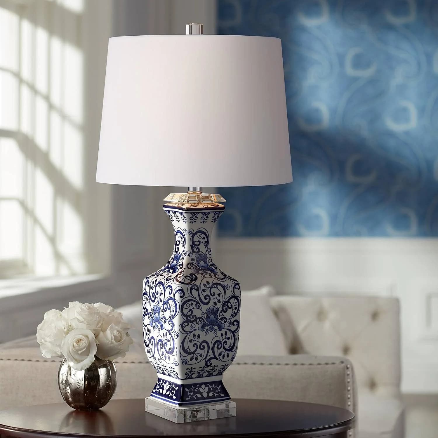 28" Tall Table Lamp Floral Iris Blue White Porcelain Traditional Asian