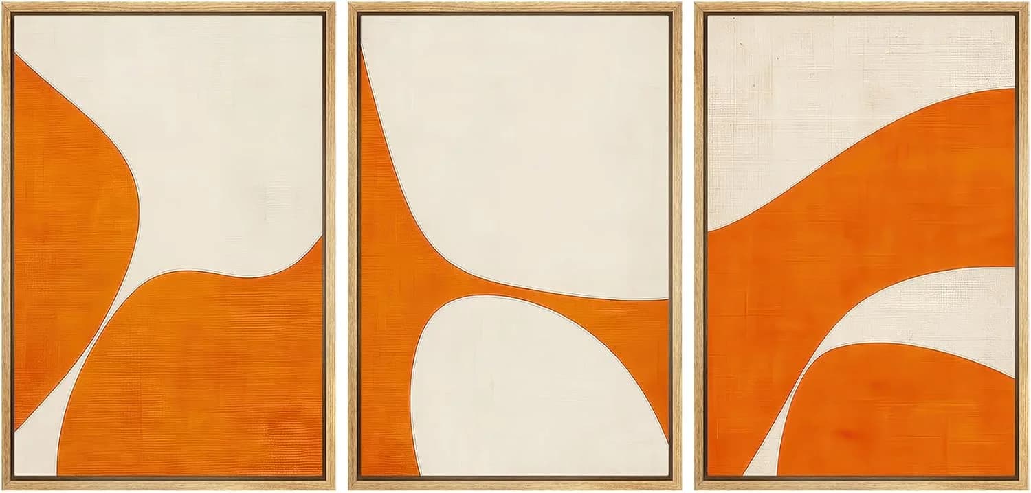 SIGNFORD Framed Canvas Print Wall Art Set Orange Geometric Abstract Mid Century Modern Minimal Illustrations Modern Art
