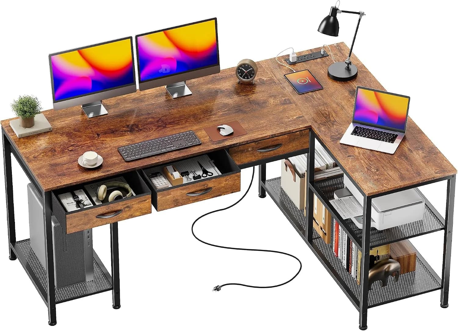 PRAISUN 55 Inch L Shaped Office Desk with Power Outlets and Type-C Port, Large Computer Gaming Desk with 3 Fabric Drawer