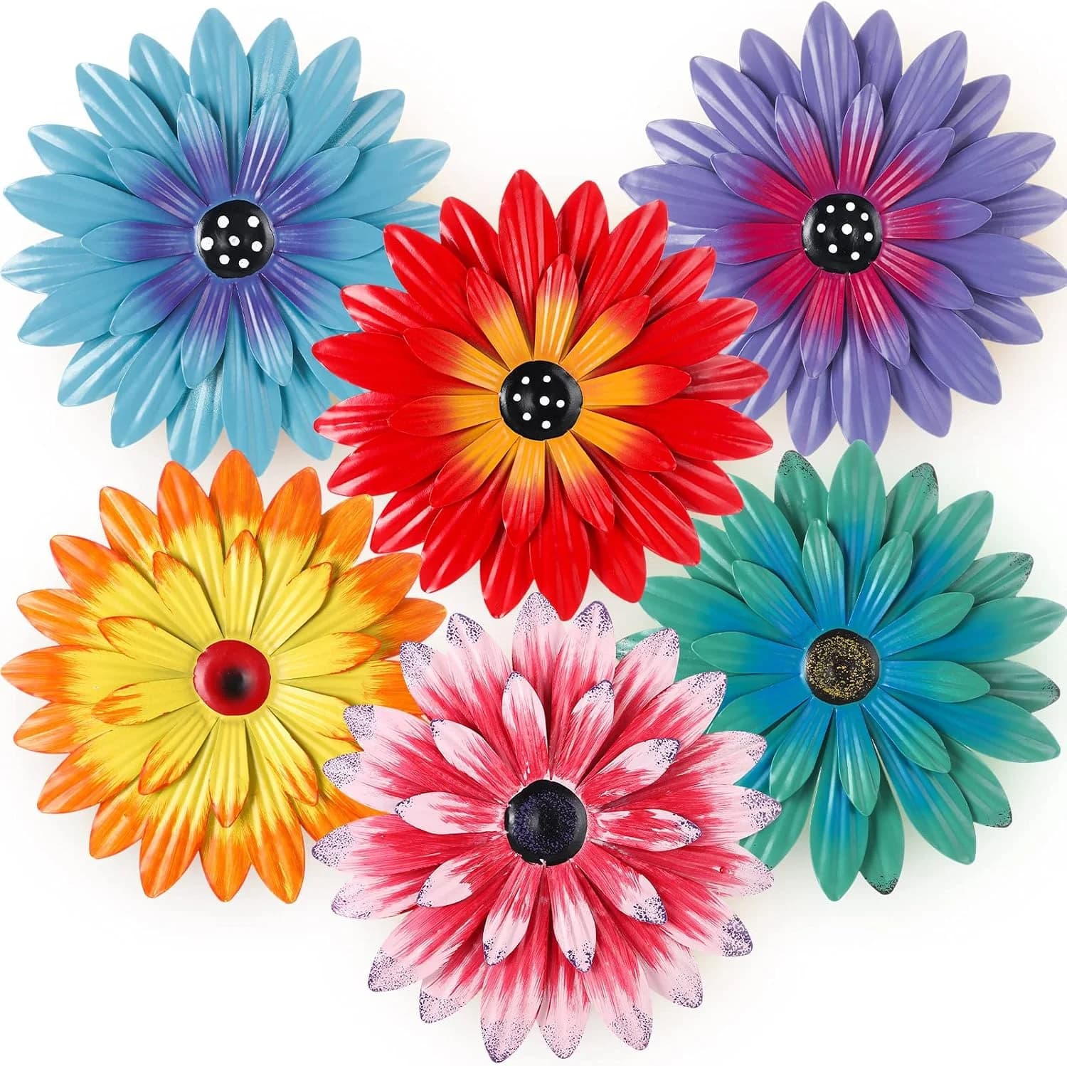 Zhehao 6 Pcs Metal Flower Wall Art Outdoor, Cute Color, 8 Inch