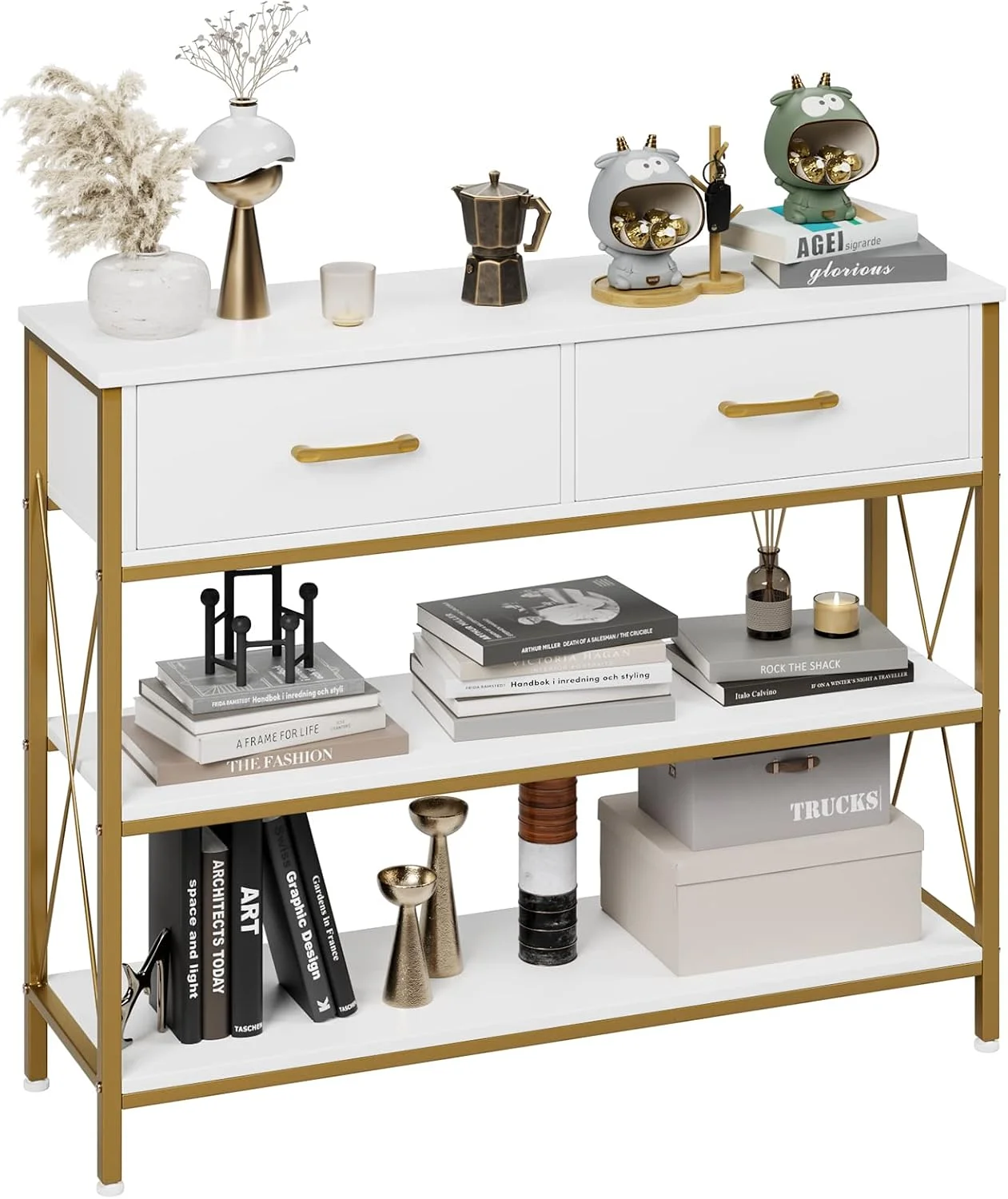 HITHOS White and Gold Console Table with Storage, Industrial Entryway Table