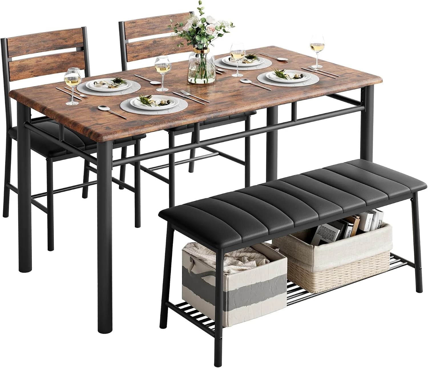 IRONCK Dining Table Set for 4, Kitchen Table and Chairs Set, Rustic Brown