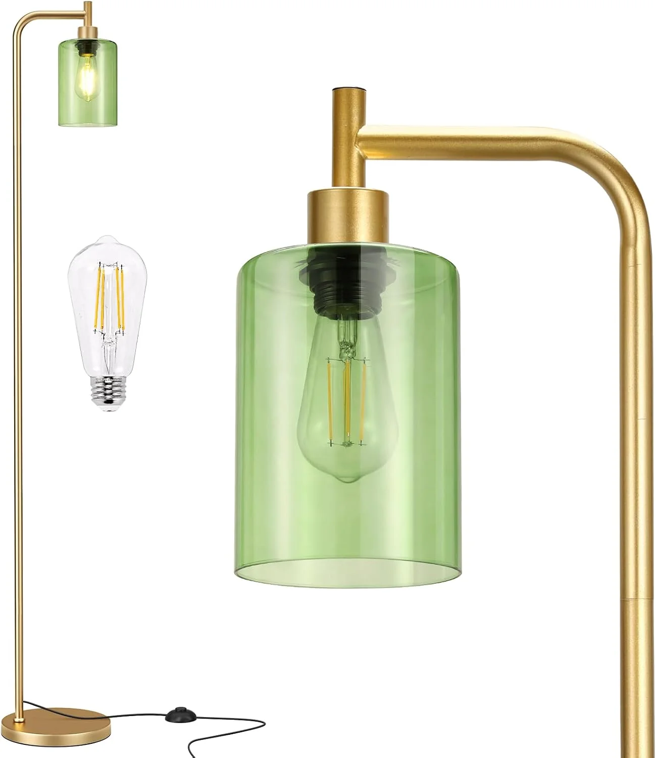 Ziisee Floor Lamps for Living Room - Industrial Standing Lamp with Green Glass Shade, Modern Gold Floor Lamp with LED Bu