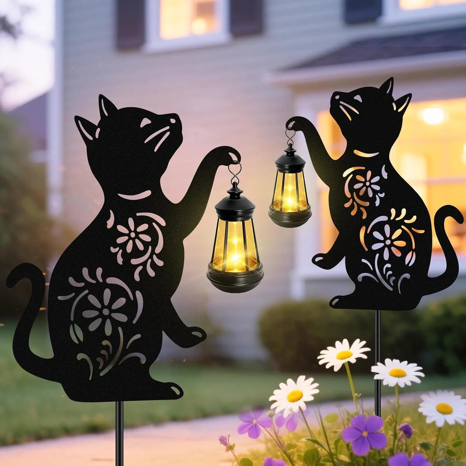 Solar Cat Hanging Lantern Outdoor, 2 Pack Black Cat Solar Lights, Cat Lover Gifts for Women Mom Grandma Birthday Mother'