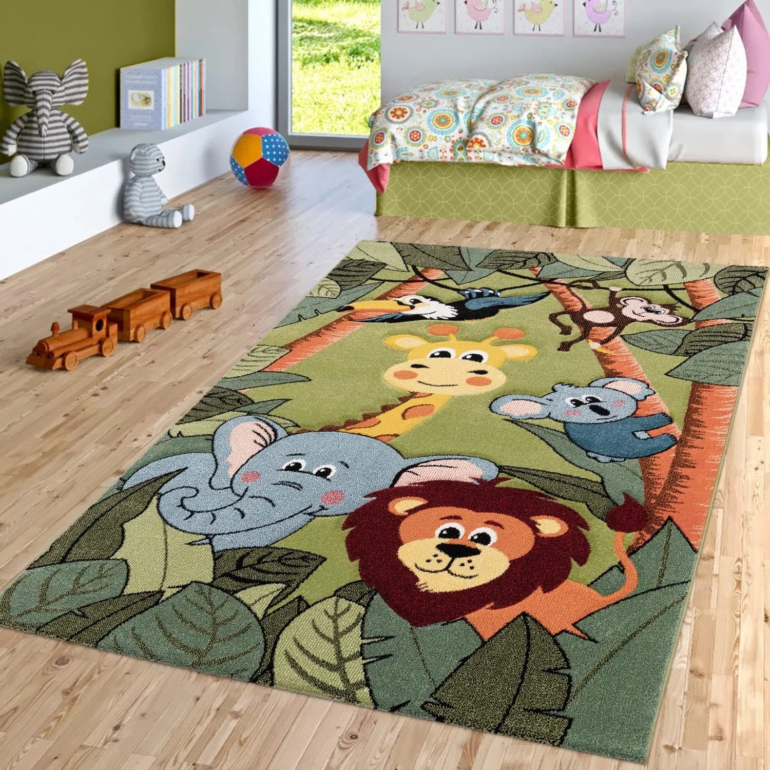 Paco Home Kids Rug for Nursery with Jungle Animals in Green, Size: 3'11" x 5'7"