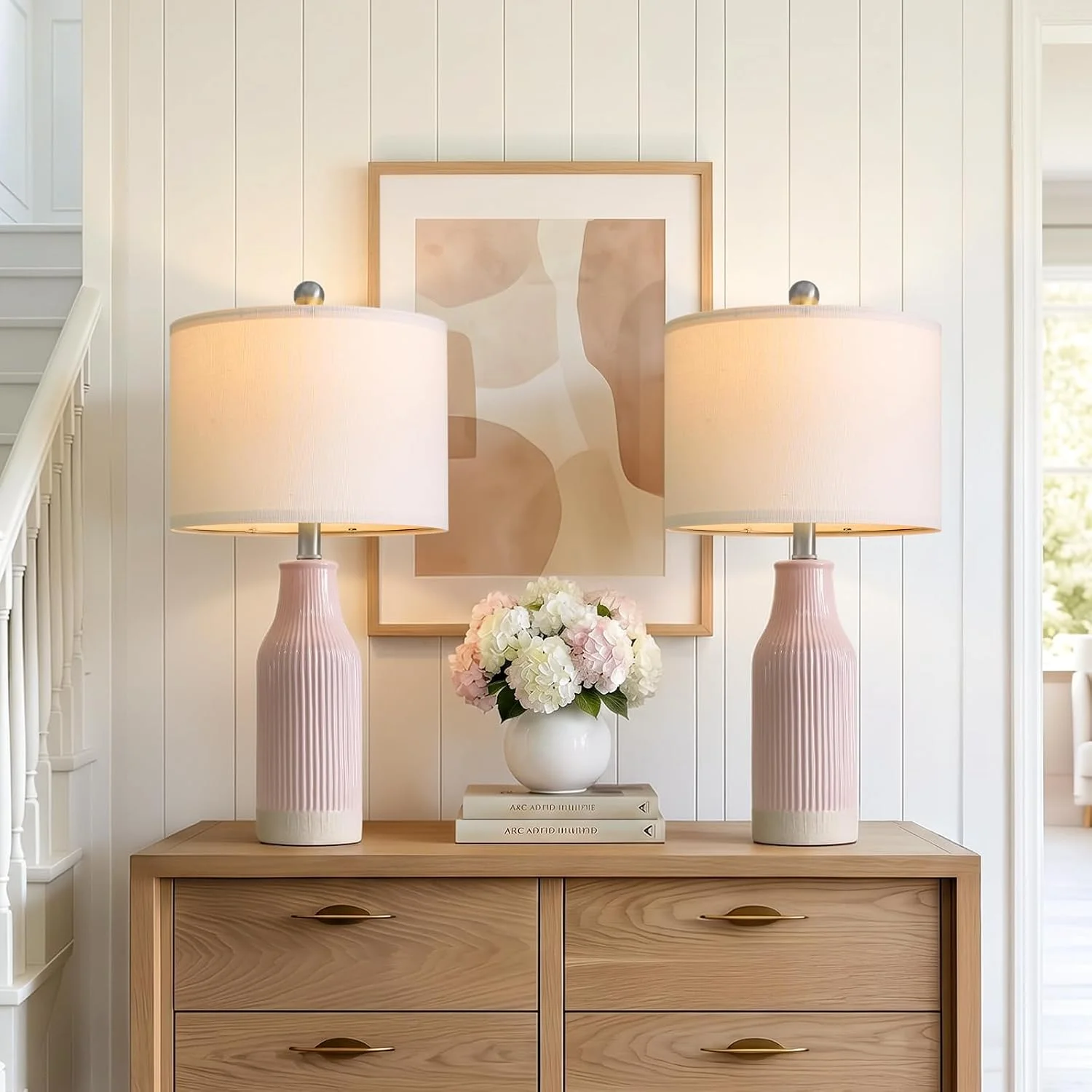USumkky 23.75inch Pink Modern Ceramic Bedside Lamp Set of 2 with 5FT Cord for Bedroom Decor Farmhouse Table Lamp for Liv