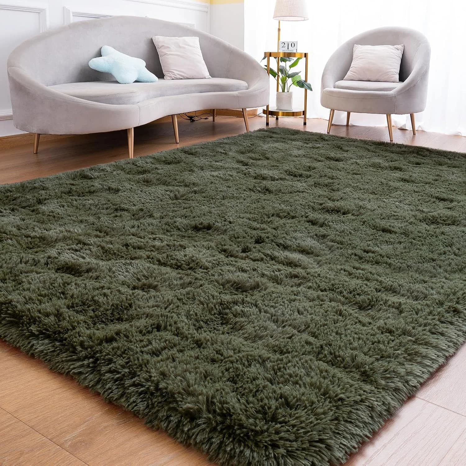 Goideal Fluffy Rug for Bedroom Living Room, 4x6 Olive Green Area Rugs, Faux Fur Shag Modern Carpet Ultra Soft Girls Boys
