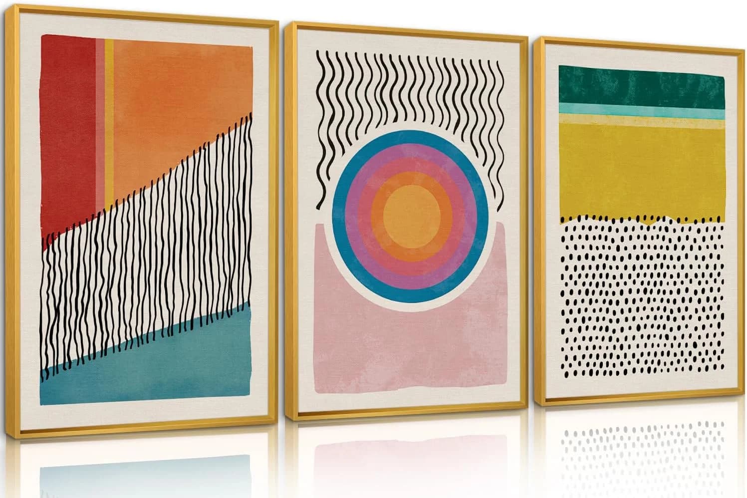 HPINUB Boho Framed Canvas Prints Wall Art Set, Mid-Century Abstract Color Block Shape Wall Decor, Geometric Illustration
