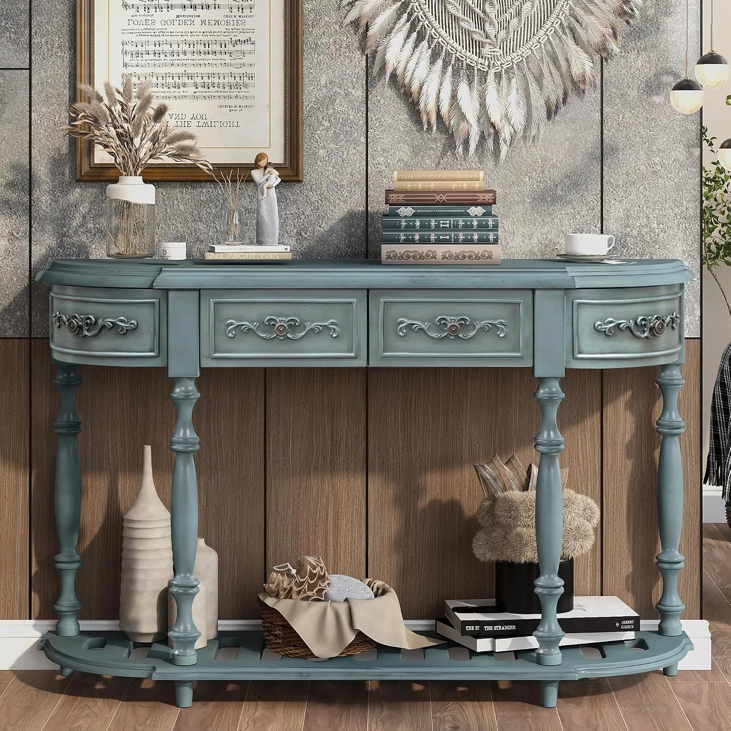 52'' Curved Half Moon Entryway Console Table with Storage, Antique Blue