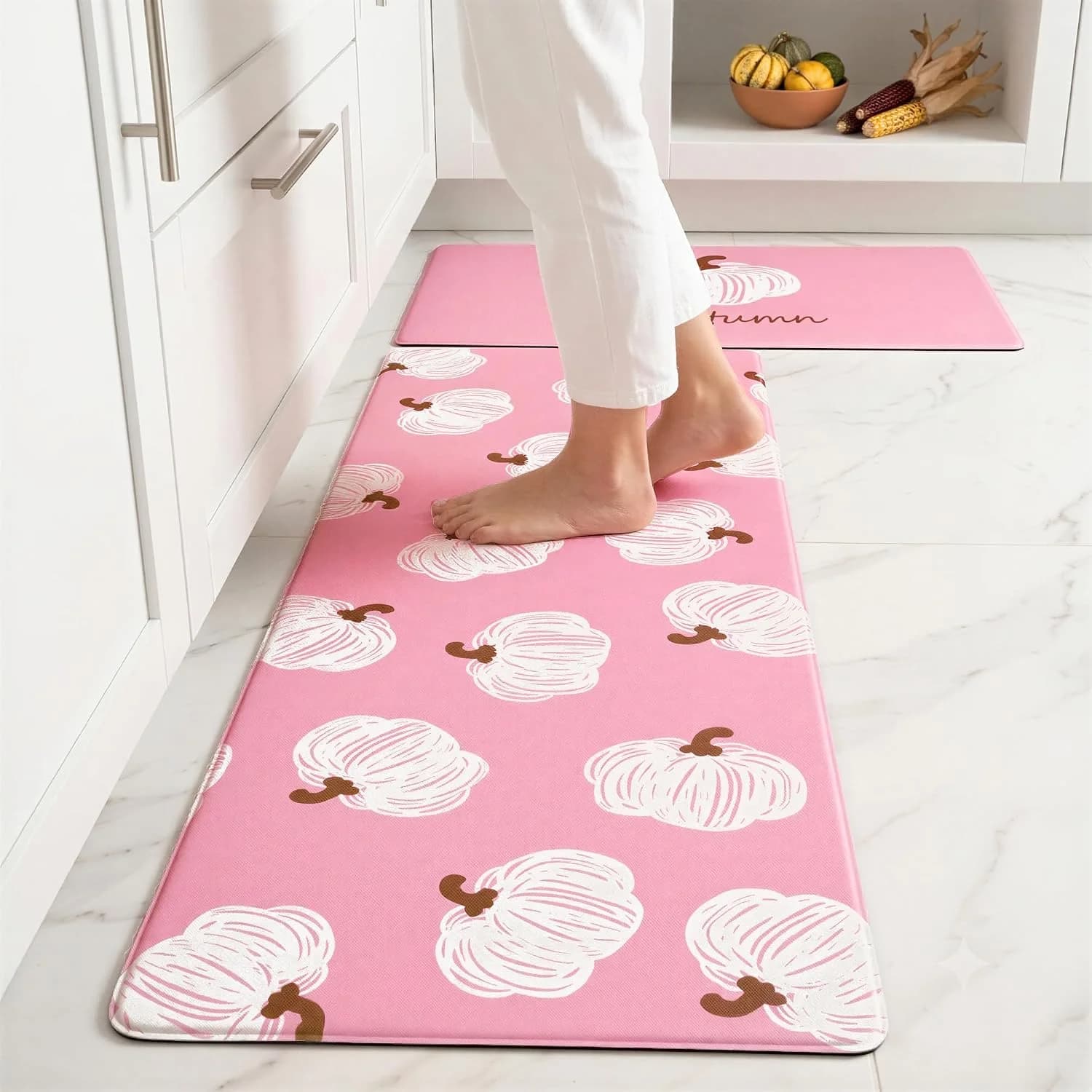 Fall Autumn Hand-Drawn Pink Y2K Pumpkin Brown Stem Kitchen Rug Sets [2 PCs], Anti-Fatigue, Waterproof Non-Slip Kitchen M