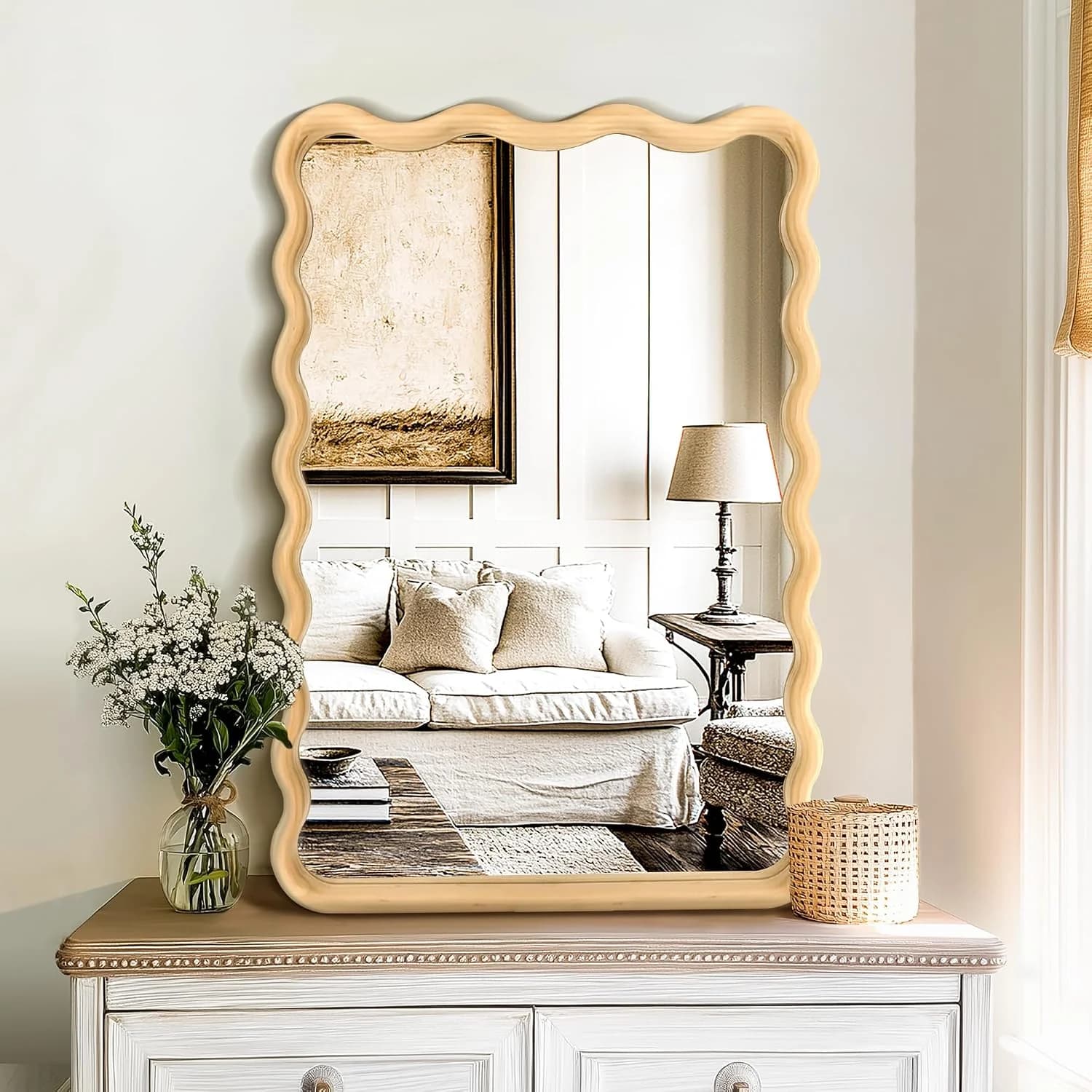 Wavy Wood Bathroom Vanity Mirror, 20"x30" Boho Decorative Wall Mirror