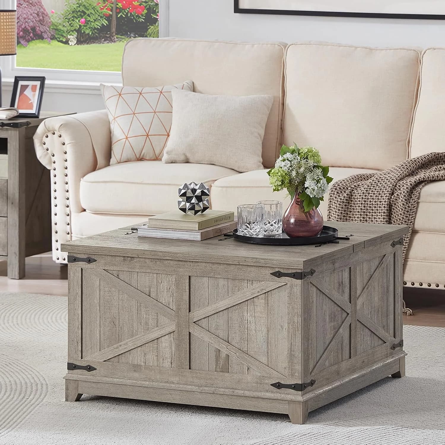 Joaxswe Farmhouse Coffee Table with Hidden Storage Organizer, Modern Square Large Center Table, Wood Farm House Low Rust