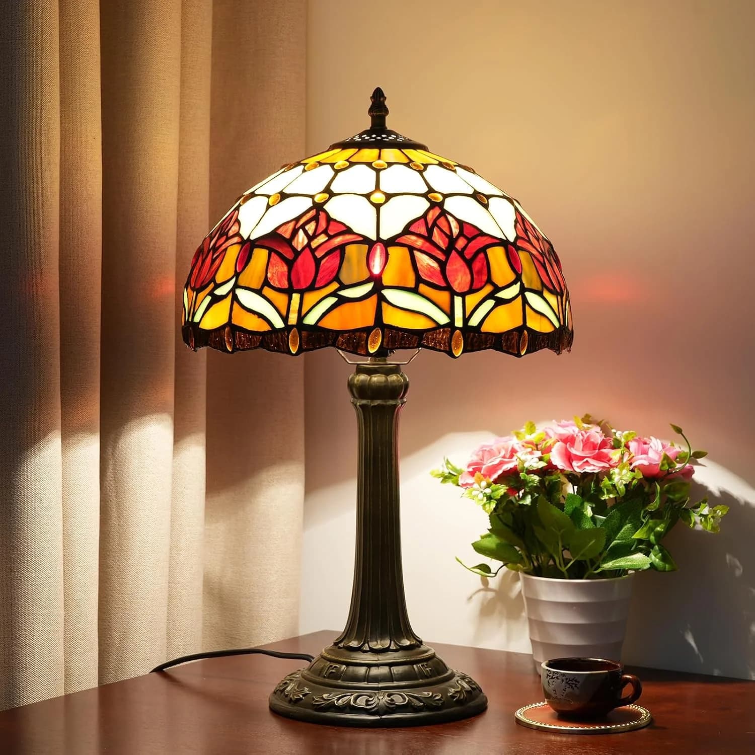 Red Tulip Tiffany Style Stained Glass Table Lamp Bed Room Bedside Reading Desk Light for Living Office Dormitory Bar Ret