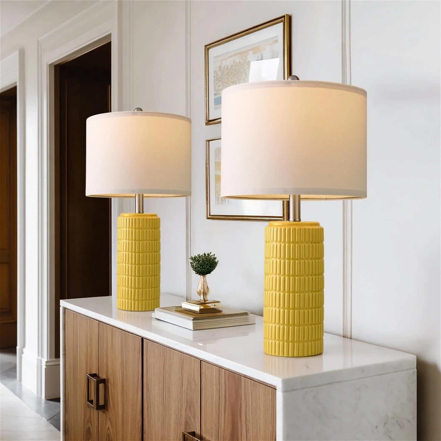 PoKat 23" Yellow Table Lamps Set of 2, Modern Living Room End Table Lamps Decor, Ceramic Lamps for Living Room, Contempo