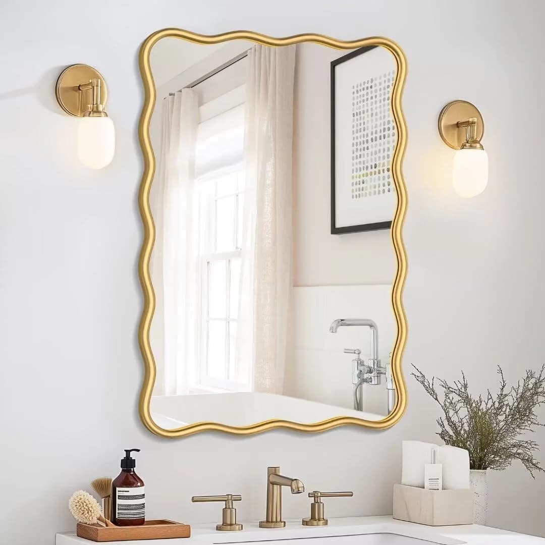 PROHOMEWARE 20 * 28" Gold Wavy Rectangular Vanity Bathroom Mirror for Wall Mounted Bedroom Entryway Living Room Farmhous