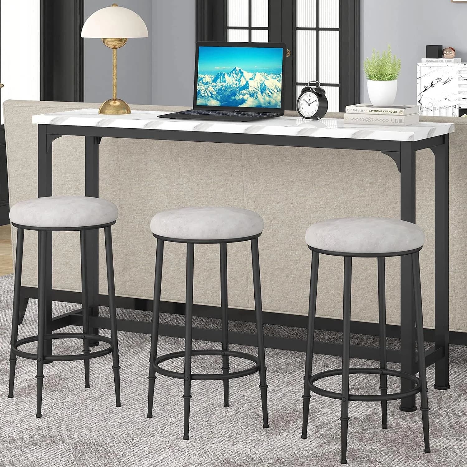 Bar Table Set for 3, 4 Piece Console Table with 3 Stools, Counter Height Kitchen Table Set with 3 Chairs for Breakfast N
