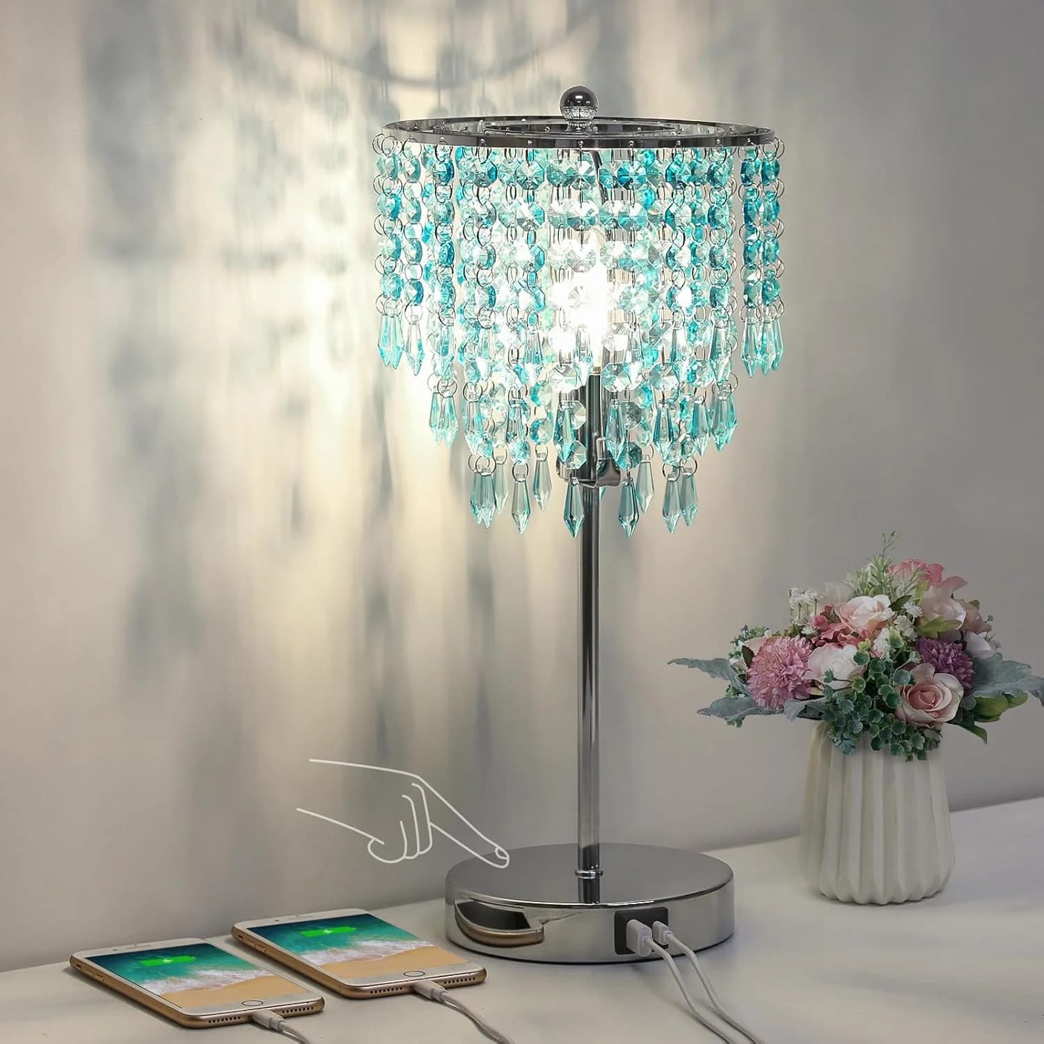 Touch Control Crystal Table Lamp, 3-Way Dimmable Lamp with USB A+C Ports