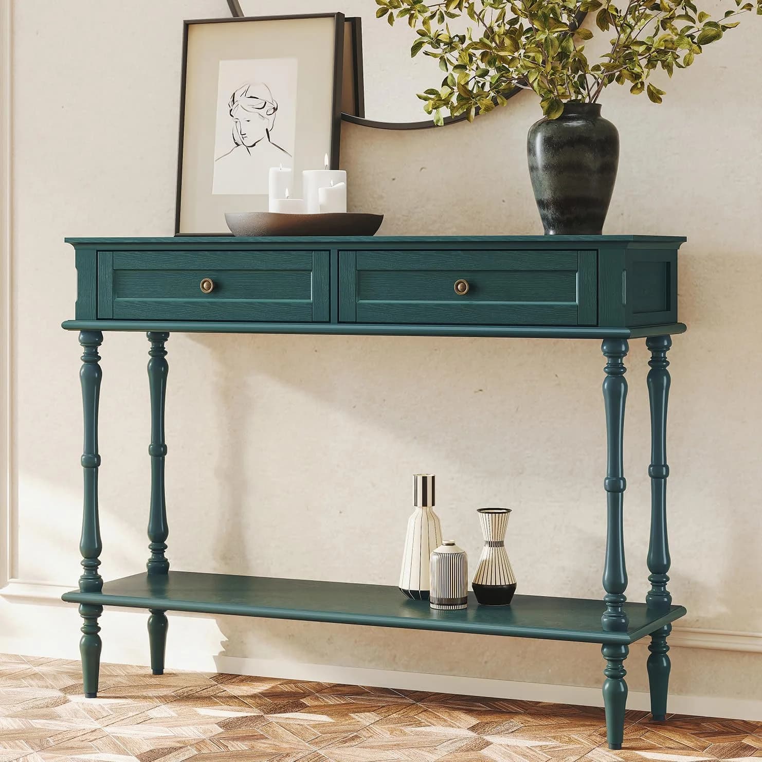 ARTPOWER Console Table for Entryway with 2 Drawers, 10 mins Assembly, Green