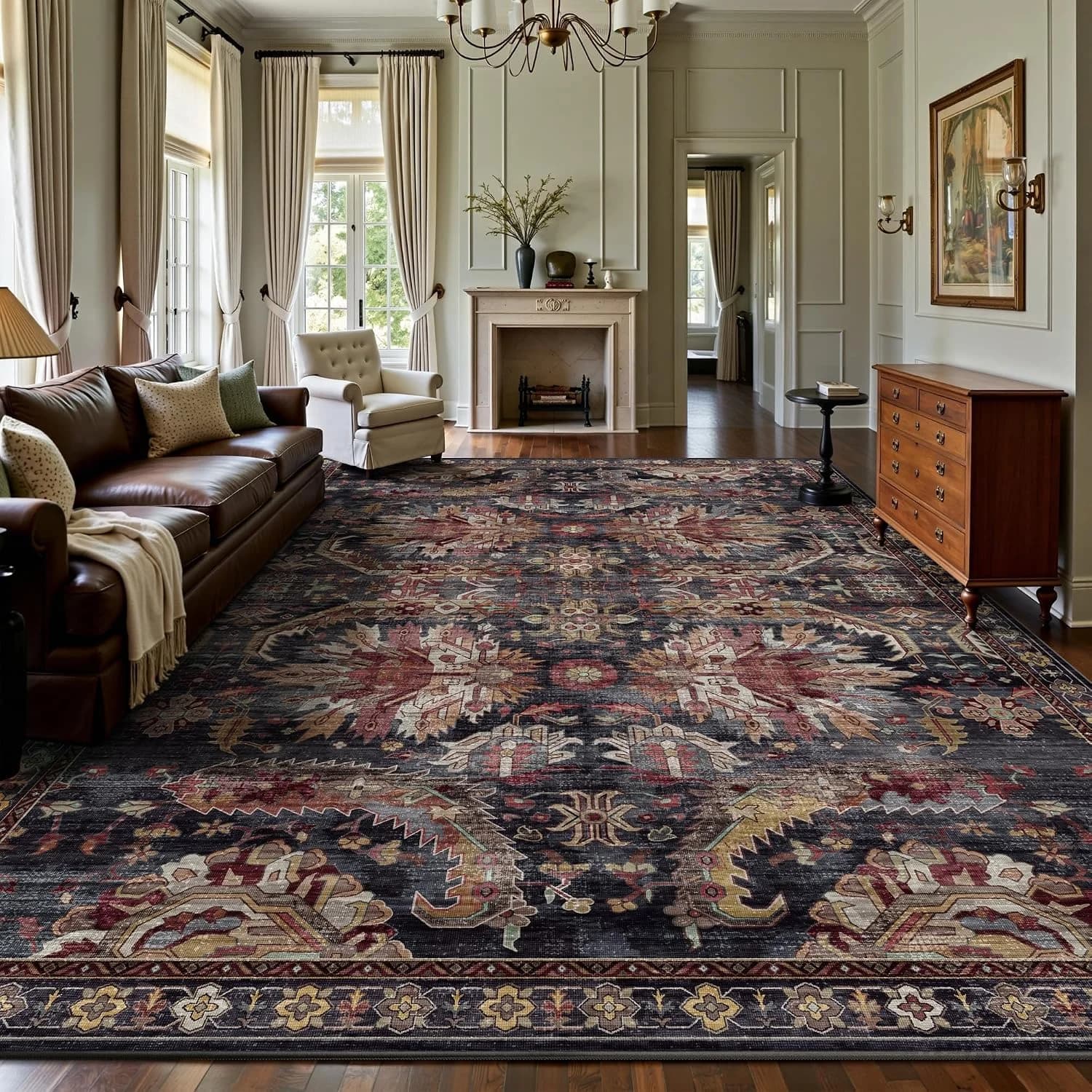 8x10 Area Rugs, Vintage Retro Soft Washable Rug, Non-Slip Low Pile Rugs for Living Room, Bedroom, Dining Room, Stain Res